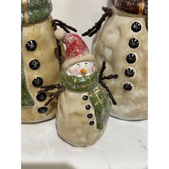 VINTAGE CHRISTMAS DECOR pottery SNOWMAN FAMILY W/ MIRROR HAND PAINTED Country - Picture 6 of 16